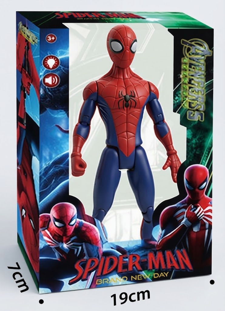Spider-Man action figure in retail packaging, shown standing on a white background with printed box art and size markers reading 7cm and 19cm.