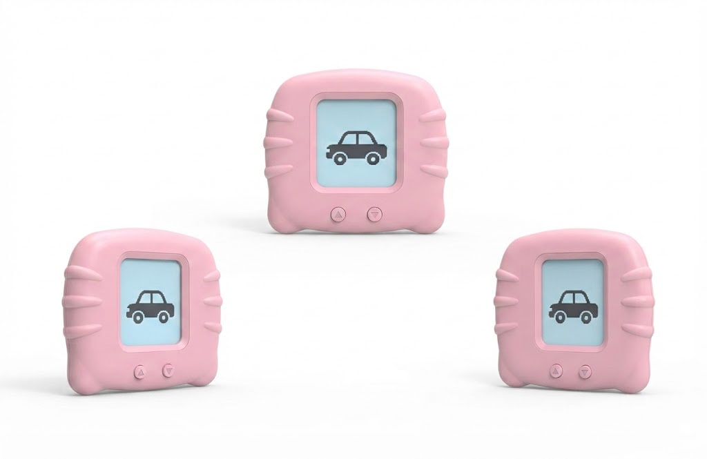 Three pink car-shaped electronic devices arranged on a white background, each with a small screen showing a dark car icon.