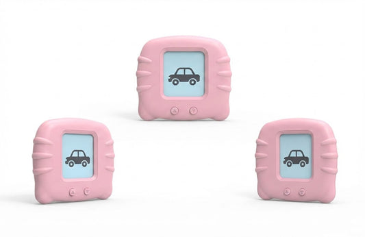 Three pink car-shaped electronic devices arranged on a white background, each with a small screen showing a dark car icon.