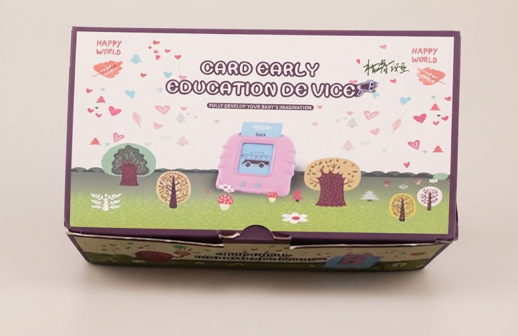 A product box for 'Card Early Education De Vice' featuring a whimsical illustration of a pink toy car, trees, and hearts on a white background with purple borders.
