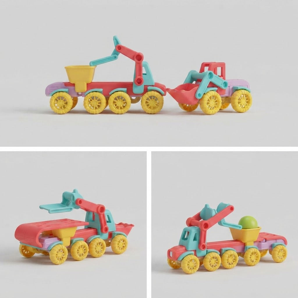 Three views of a colorful plastic toy construction vehicle set on a light gray background. The set includes a pink and teal dump truck with a yellow bucket, a pink and teal front loader, and a pink and teal flatbed trailer with yellow wheels.