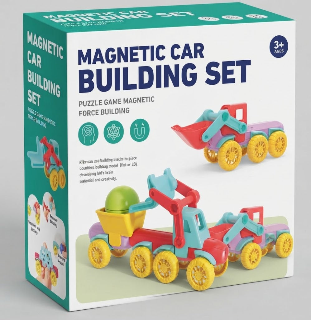 Magnetic Car Building Set toy box shown on a plain white background. The packaging is white and teal with large blue text reading 'MAGNETIC CAR BUILDING SET' and shows colorful toy vehicles assembled from magnetic blocks.