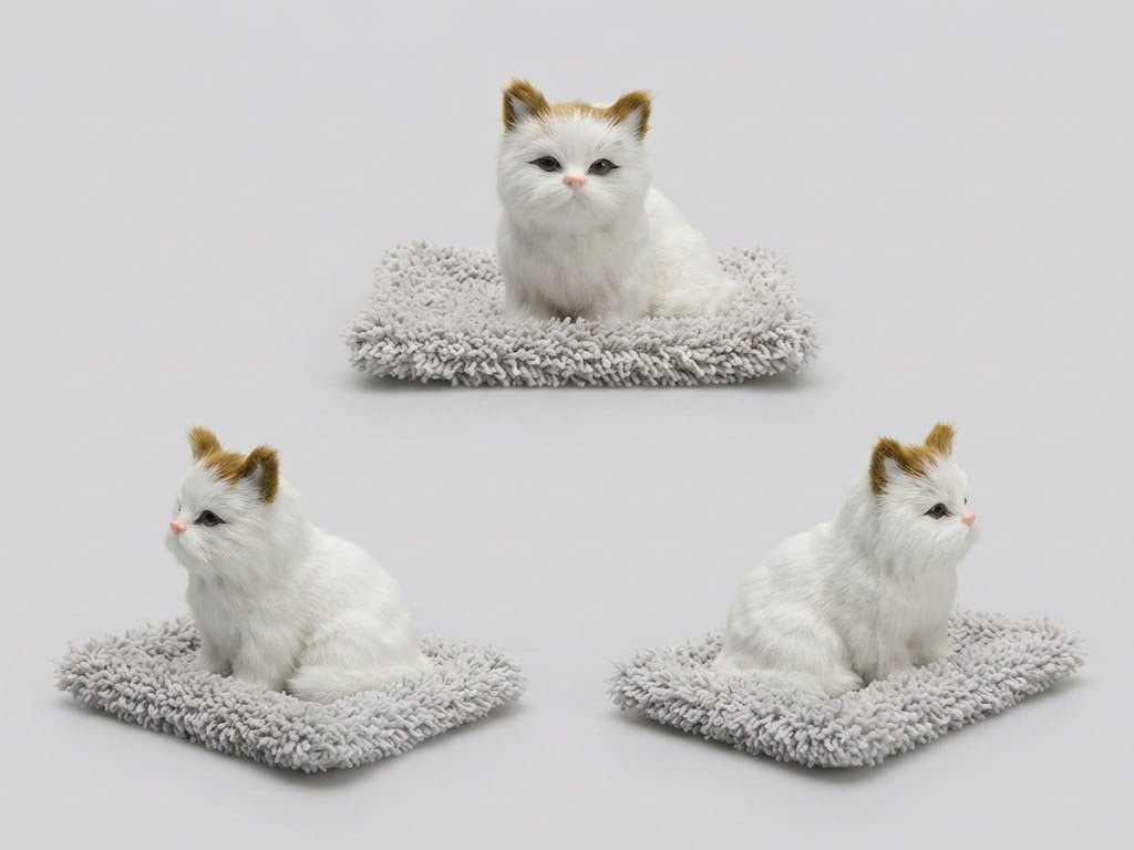 Three miniature white long-haired cat figurines with orange patches, each sitting on a small gray shaggy mat, arranged on a light gray background.