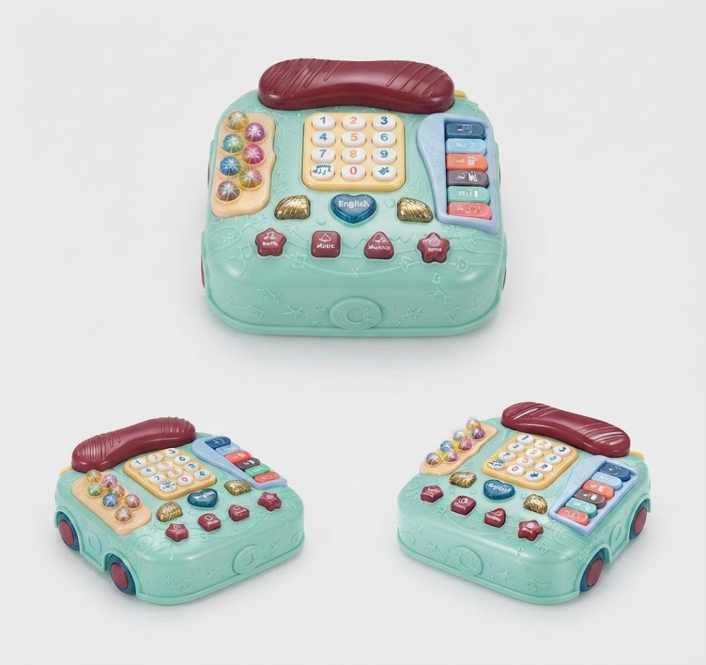 Three toy cash register playsets in mint green, arranged on a light gray background. One is shown from the top view, and two are shown from the front and side views, highlighting the colorful buttons, keypad, and red handset.