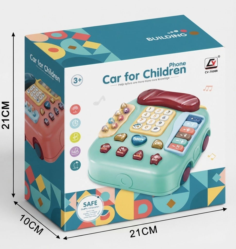 Box packaging for a children's car-shaped toy phone, shown with printed dimensions (21 cm height, 21 cm width, 10 cm depth) and a large illustration of the toy phone on the front.