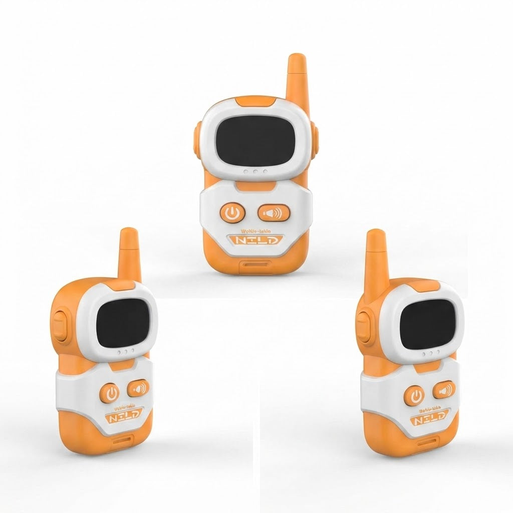Three orange and white walkie-talkie style toy radios with antennas, shown on a clean white background.