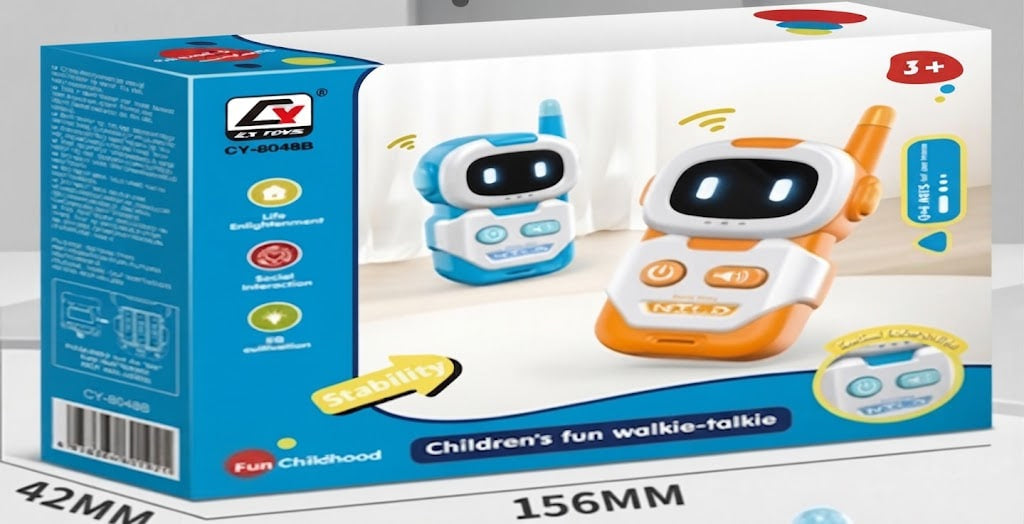 Children's walkie-talkie toy set in its retail packaging, featuring a blue and white robot receiver and an orange and white robot transmitter on the box front, with dimensions 42MM and 156MM printed at the bottom.