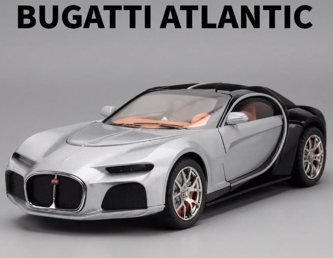 A silver and black Bugatti Atlantic model car with orange interior seats, shown on a gray background with 'BUGATTI ATLANTIC' text at the top.