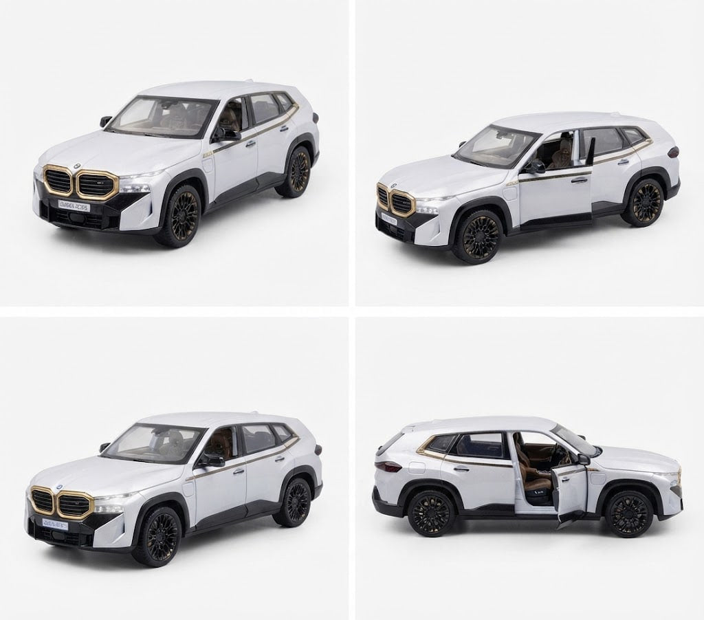 A white die-cast model SUV shown from four angles in a 2x2 grid on a light gray background. The model features a distinctive kidney grille, black wheels, and an open driver's side door in one view.