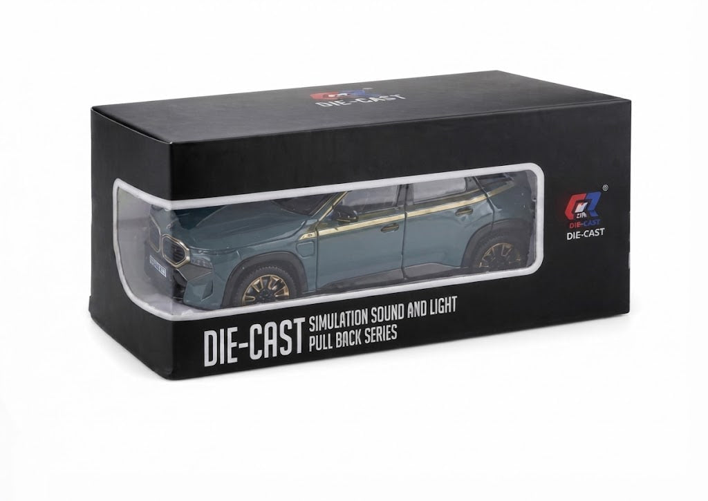 A dark teal die-cast model car in its original black packaging box, featuring a clear window and 'DIE-CAST' branding.