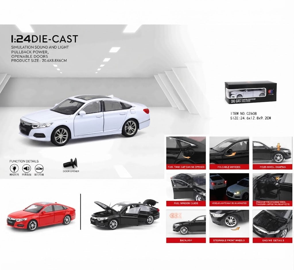 A 1:24 scale die-cast toy car set featuring a white sedan model, shown alongside feature icons, a small product box, and a grid of demonstration photos showing opening doors, windows, trunk, and interior details.