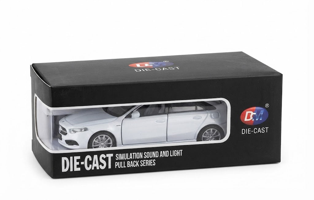 A white die-cast miniature car in its original black retail packaging, featuring a clear window and printed text on the front.
