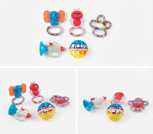 Three panels show a set of colorful baby sensory toys on a white background, including a blue elephant ring rattle, a red caterpillar ring rattle, a flower bead rattle, a blue trumpet toy, and a blue-and-yellow bird crinkle toy.