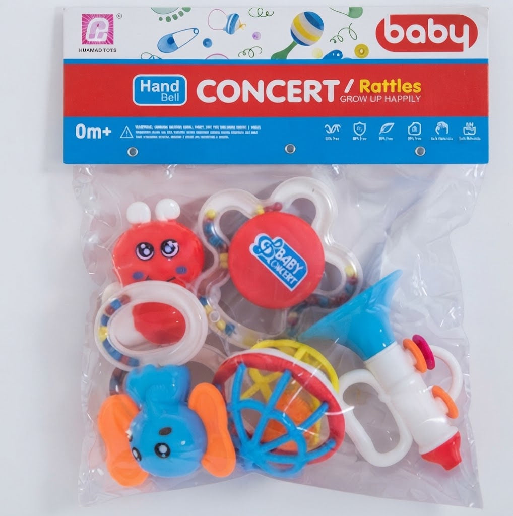 A packaged set of baby hand ball concert rattles in a clear plastic bag with a printed header card. The set includes multiple colorful baby toys such as a red bee, blue elephant, yellow and blue basketball, and a white megaphone.