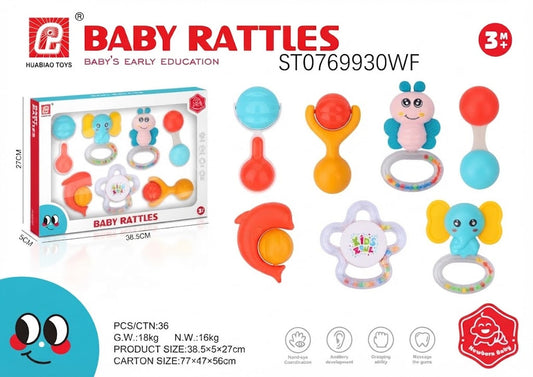 A colorful baby rattles and pacifier set displayed on a white background with product packaging, multiple rattle and pacifier pieces, and text including 'BABY RATTLES', model number ST0769930WF, and dimensions.