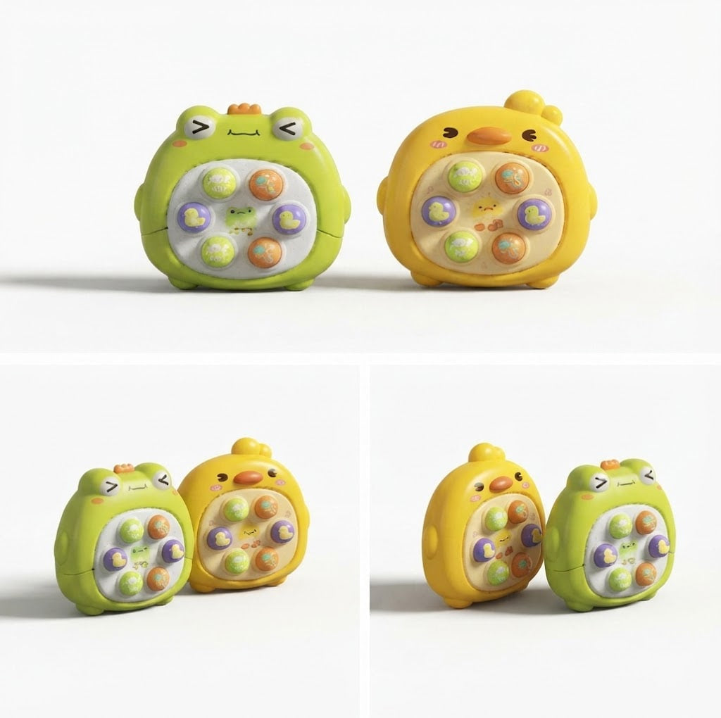 Two cute toy controllers shown in a four-panel collage: one green frog-shaped toy and one yellow duck-shaped toy, each with colorful round buttons on the front, photographed on a clean white background.