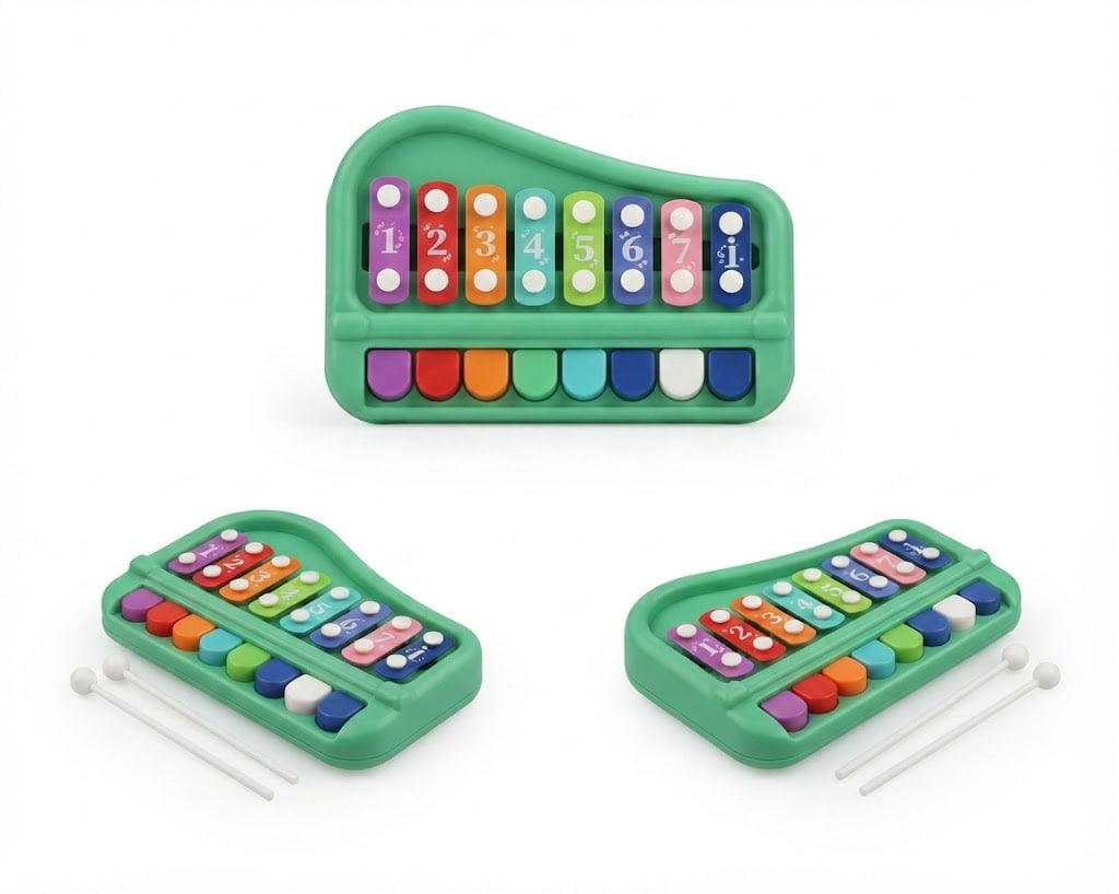 Three green toy xylophones with colorful numbered keys and white mallets, arranged on a plain white background.