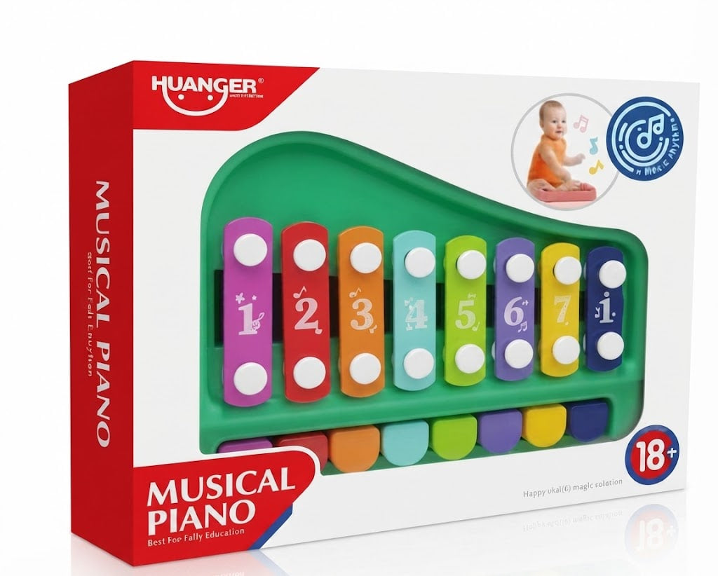 Huanger brand musical xylophone toy in its retail packaging, featuring colorful numbered keys on a green piano-shaped body.