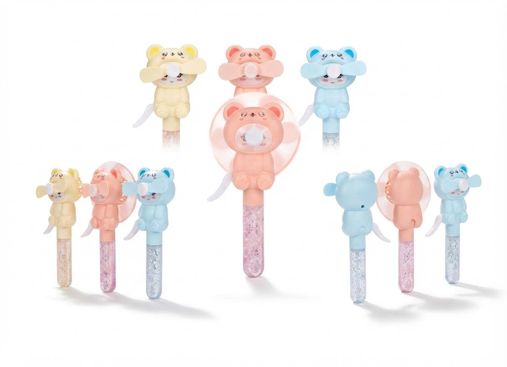 A set of six bear-shaped lip balm tubes in pastel colors including yellow, pink, and blue, arranged on a clean white background.