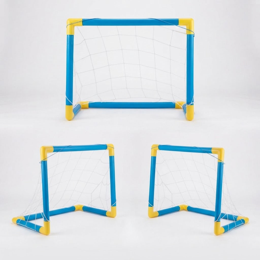 Three small plastic soccer goals with blue frames and yellow corner accents, shown on a clean white studio background.