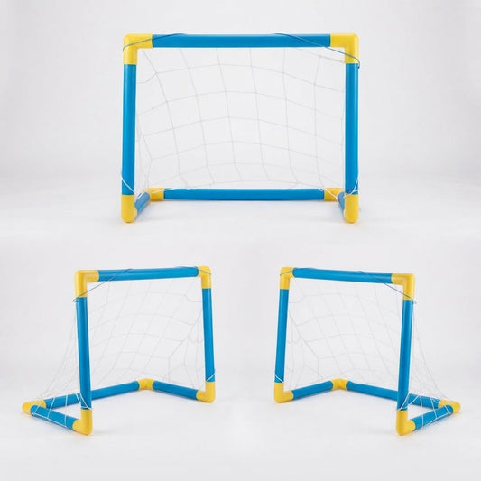 Three small plastic soccer goals with blue frames and yellow corner accents, shown on a clean white studio background.
