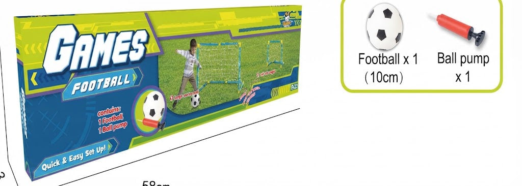 Boxed toy football game shown on a white background, with a small inset showing included items: a small soccer ball, a red-and-black ball pump, and text reading 'Games Football' and 'Football x 1 (10cm)' and 'Ball pump x 1'.