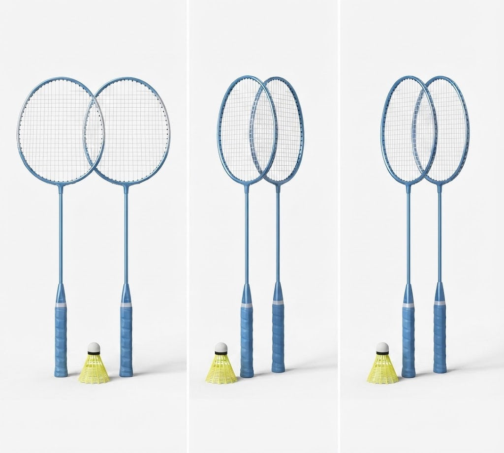 Three sets of blue badminton rackets and yellow shuttlecocks arranged on a clean white background.