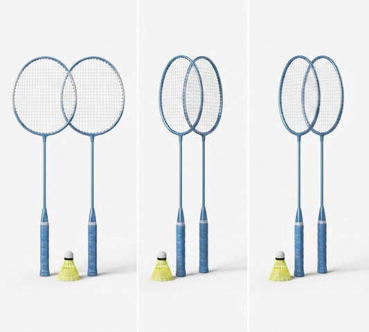 Three sets of blue badminton rackets and yellow shuttlecocks arranged on a clean white background.
