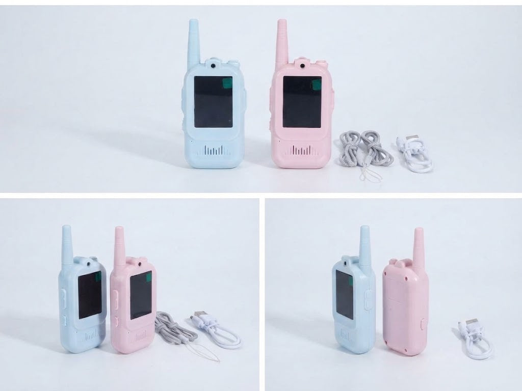 Two small walkie-talkie-style devices shown in a three-panel collage: one light blue and one light pink, each with a black front screen and white charging cable. The top panel shows both devices together with cables, while the bottom panels show the same pair in different arrangements on a clean white background.