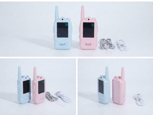 Two small walkie-talkie-style devices shown in a three-panel collage: one light blue and one light pink, each with a black front screen and white charging cable. The top panel shows both devices together with cables, while the bottom panels show the same pair in different arrangements on a clean white background.