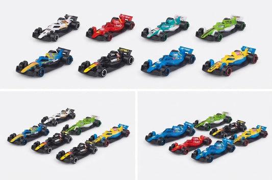A set of miniature toy Formula 1 racing cars arranged in a grid on a light gray background. The collection includes various models in different colors such as blue, red, green, yellow, black, and white.