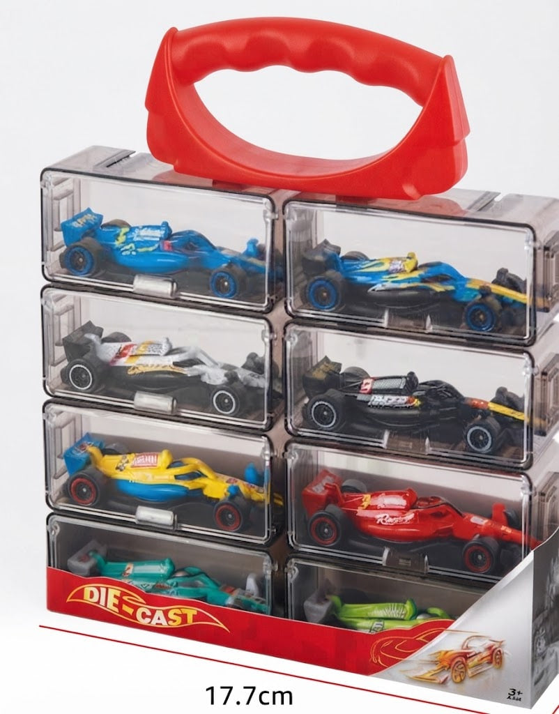 A die-cast toy race car storage set in a clear plastic carrying case with a red handle, containing six different toy race cars. The set is shown on a white background with a dimension label of 17.