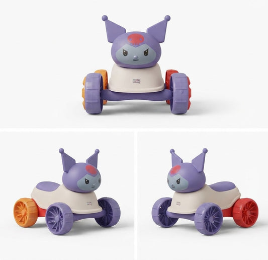 A cartoon-style children's ride-on toy shown from three angles on a clean white background. The toy has a purple character face with pointed ears, a cream-colored body, and wheels in purple, orange, and red.