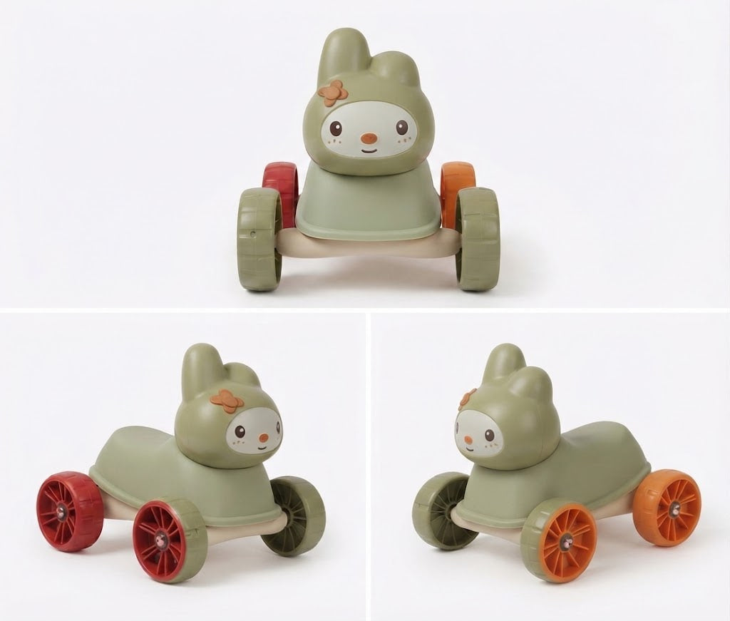 A wooden toy car with a cute bunny character on top, shown in three views against a white background. The toy features a sage green body, a natural wood chassis, and colorful wheels in red, orange, and olive green.