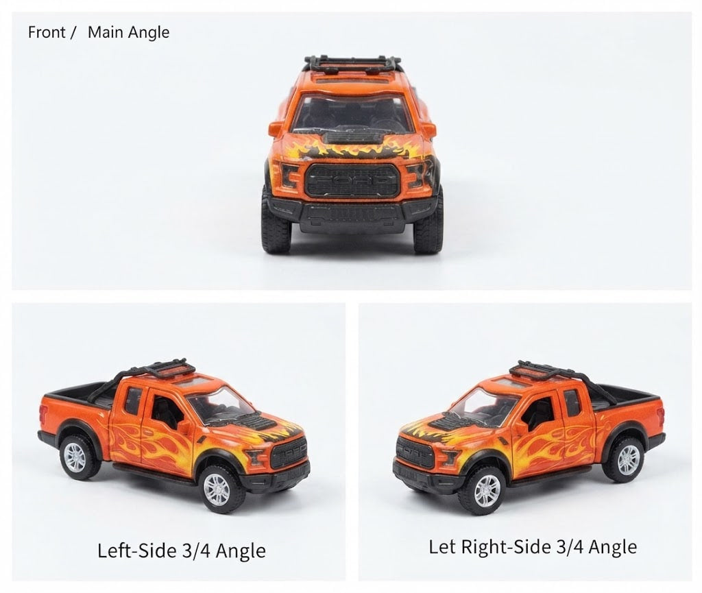 A toy model of an orange and black pickup truck with flame decals, shown from three angles: front, left-side 3/4, and right-side 3/4. The top image is labeled 'Front / Main Angle' and the bottom two have corresponding labels.