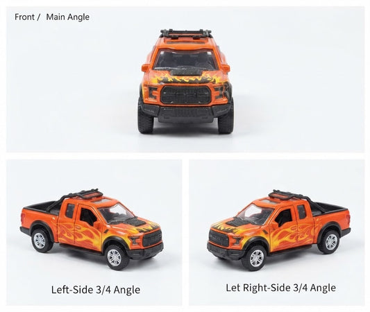 A toy model of an orange and black pickup truck with flame decals, shown from three angles: front, left-side 3/4, and right-side 3/4. The top image is labeled 'Front / Main Angle' and the bottom two have corresponding labels.