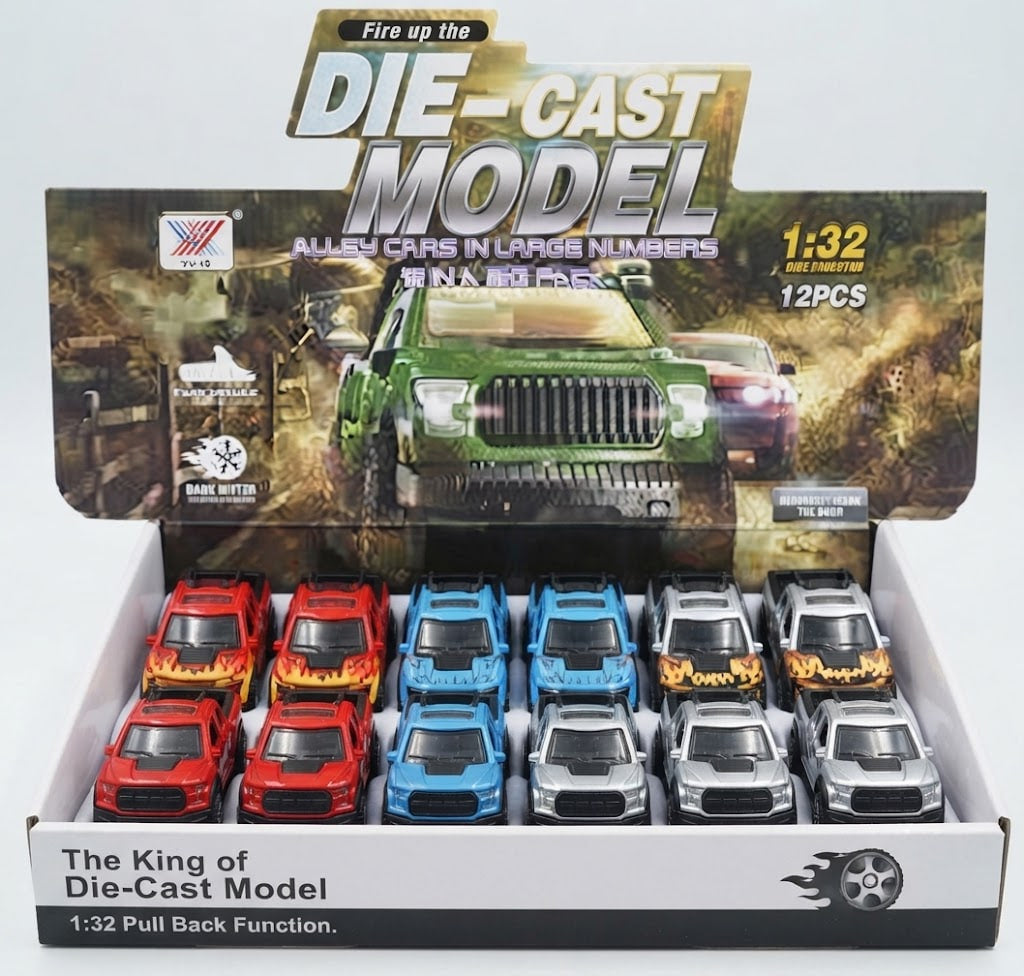 A retail display box of 12 die-cast toy cars in various colors, including red, orange, blue, gray, and black, with a printed backing card showing a green off-road vehicle.