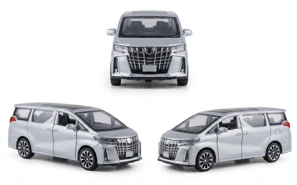 Three views of a silver toy model car resembling a luxury minivan, shown on a clean white background.