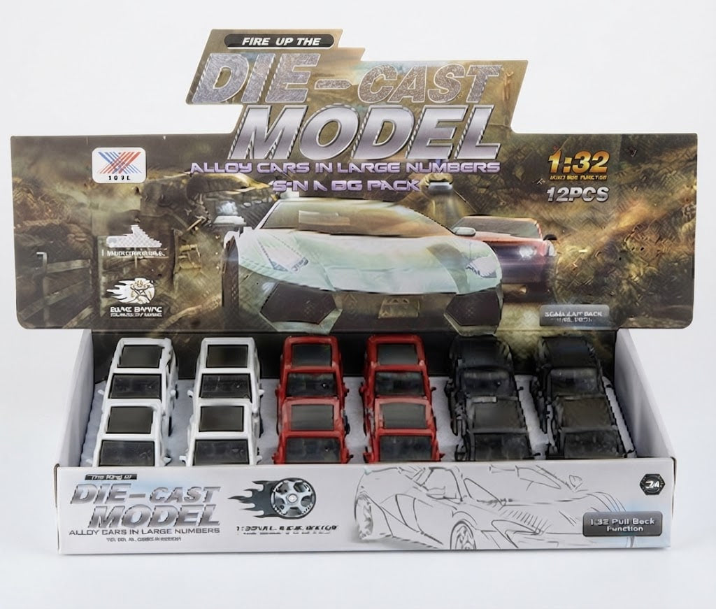 A retail display box of 12 die-cast model cars in a 1:32 scale alloy car pack. The display features a large printed header card showing a white sports car, with twelve cars in white, red, and black arranged in rows inside the open box.