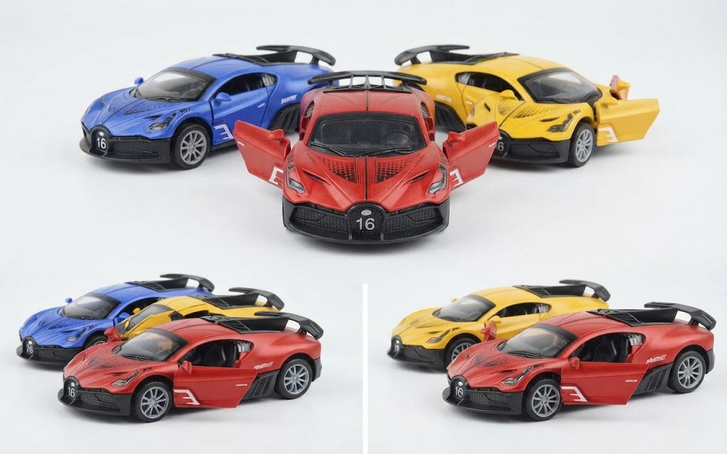 Four toy sports car models arranged on a white background, with two cars in the top row and two in the bottom row. The center car is red with open doors, flanked by blue, yellow, and red variants.