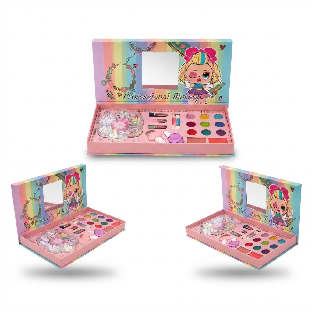 Three views of a children's toy makeup set in a pink doll-themed box with rainbow accents. The open makeup kit shows a mirror, colorful eyeshadow pans, lip colors, a hair-color palette, and accessories inside a pastel pink case with cartoon doll artwork.