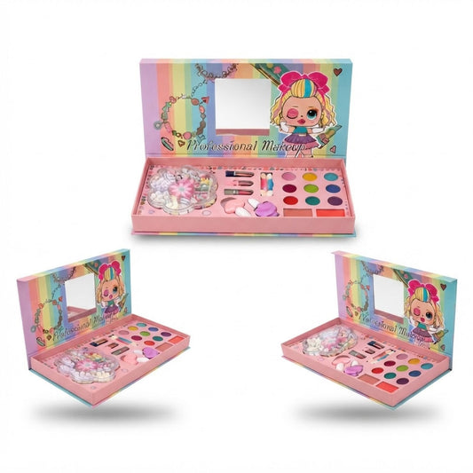 Three views of a children's toy makeup set in a pink doll-themed box with rainbow accents. The open makeup kit shows a mirror, colorful eyeshadow pans, lip colors, a hair-color palette, and accessories inside a pastel pink case with cartoon doll artwork.