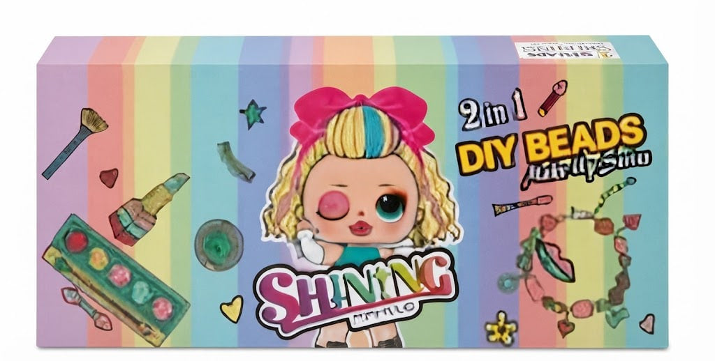 A colorful product box for 'SHINING BEADLY Shio' 2-in-1 DIY Beads kit, featuring a rainbow striped background and an illustration of a doll with rainbow hair and a pink bow.