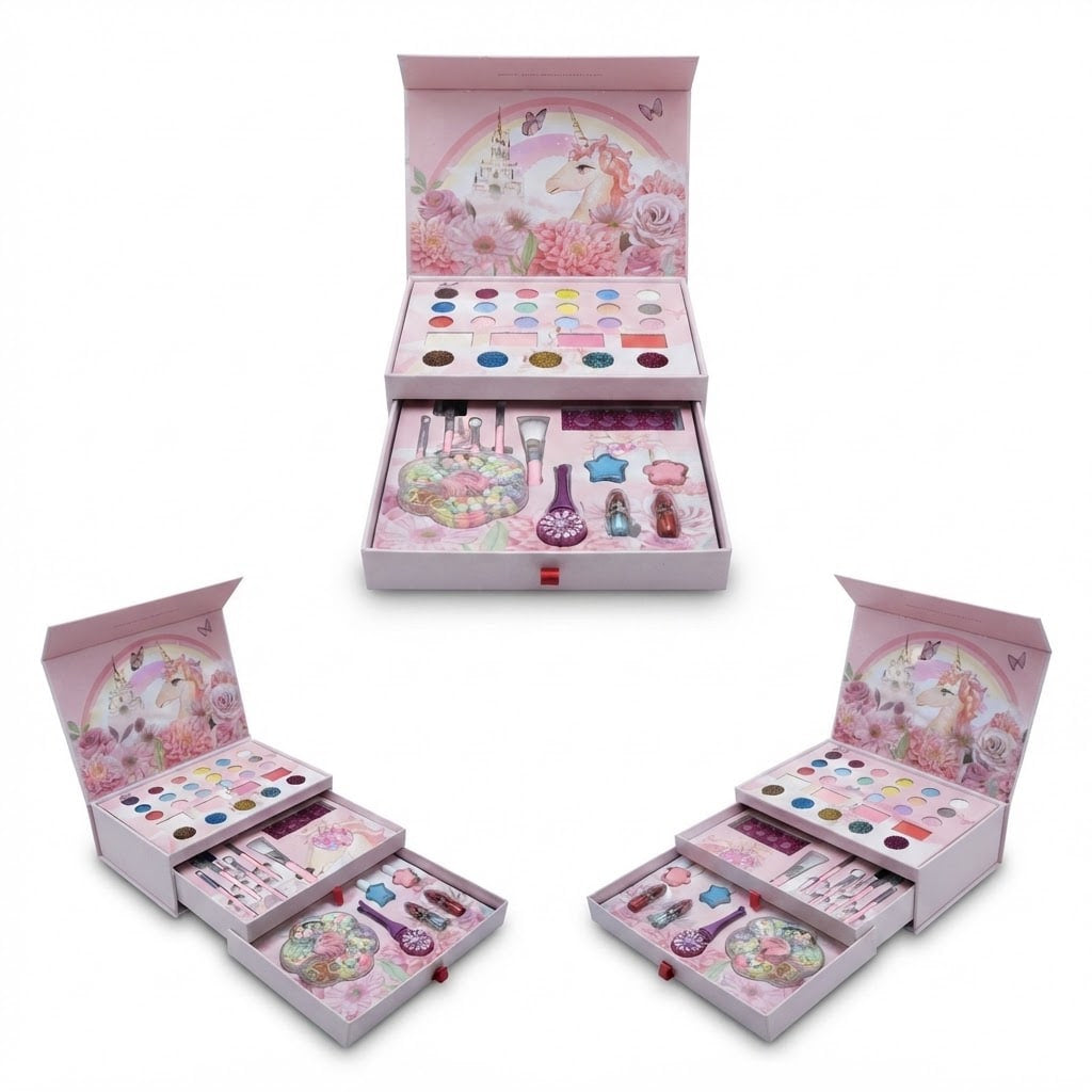 A children's makeup set displayed in three open pink boxes on a white background. The set includes a multicolor face paint palette, makeup brushes, small bottles, star-shaped sponges, and other cosmetic accessories arranged inside decorative illustrated boxes with unicorn and floral designs.