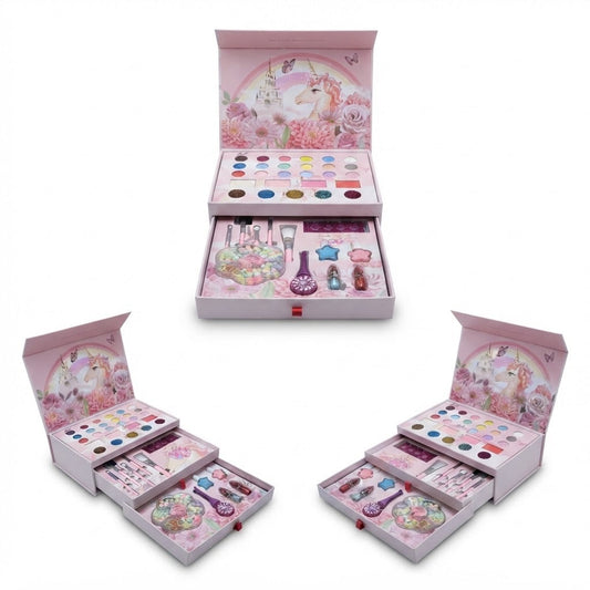 A children's makeup set displayed in three open pink boxes on a white background. The set includes a multicolor face paint palette, makeup brushes, small bottles, star-shaped sponges, and other cosmetic accessories arranged inside decorative illustrated boxes with unicorn and floral designs.