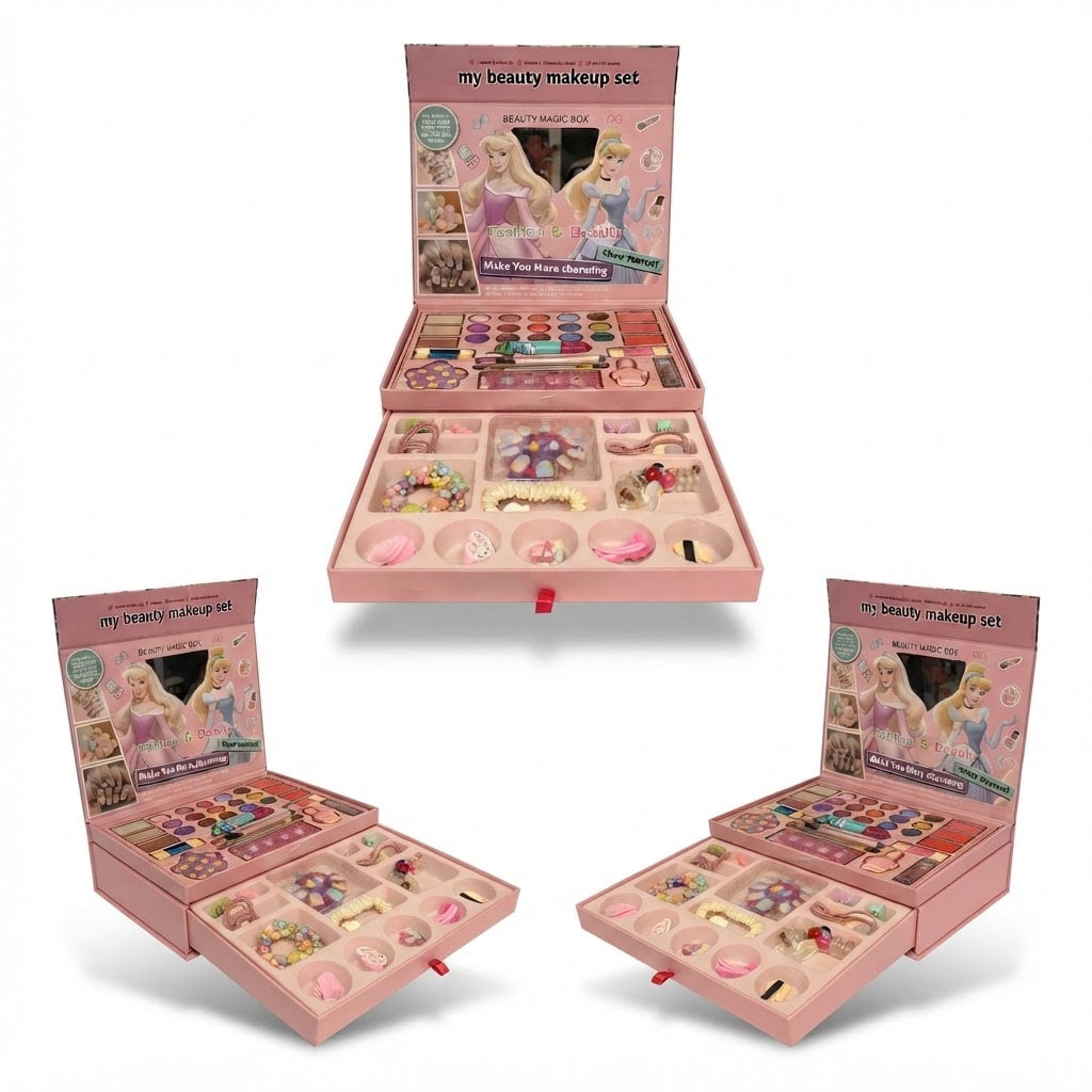 A children's beauty makeup set shown in three views: closed, open, and closed from the side. The set is pink and contains a mirror, makeup palettes, fake nails, lip gloss, and small accessories.