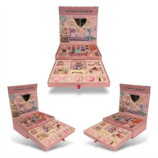 A children's beauty makeup set shown in three views: closed, open, and closed from the side. The set is pink and contains a mirror, makeup palettes, fake nails, lip gloss, and small accessories.