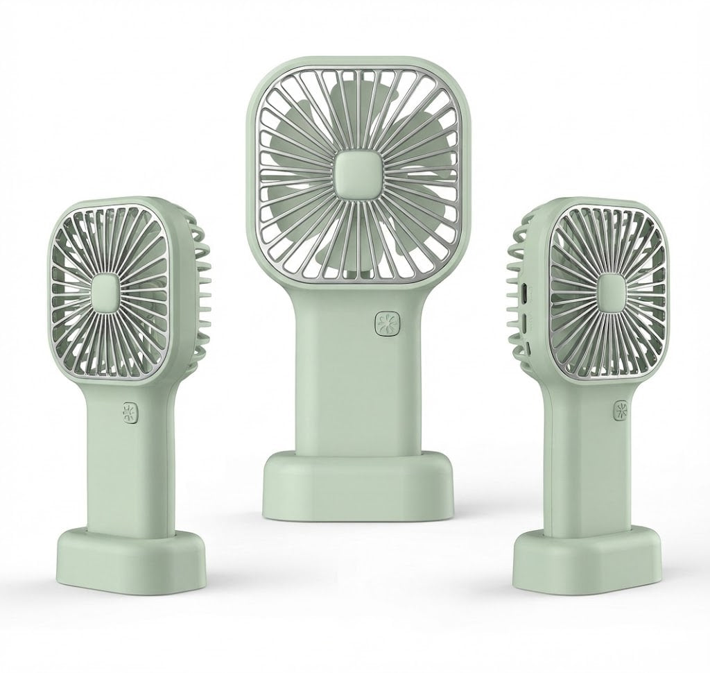 Three portable mini fans in a light sage green color, shown from three different angles (front, back, and side) against a clean white background.