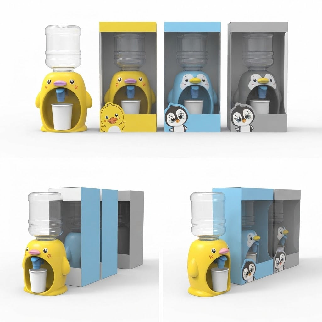 A water dispenser shaped like a cartoon duck in a yellow body with a blue neck and spout, shown with and without a clear water bottle on top and in front of its packaging. The image contains multiple views: three on the top row and two on the bottom row, including yellow, blue, and gray packaging options with penguin and duck character graphics.