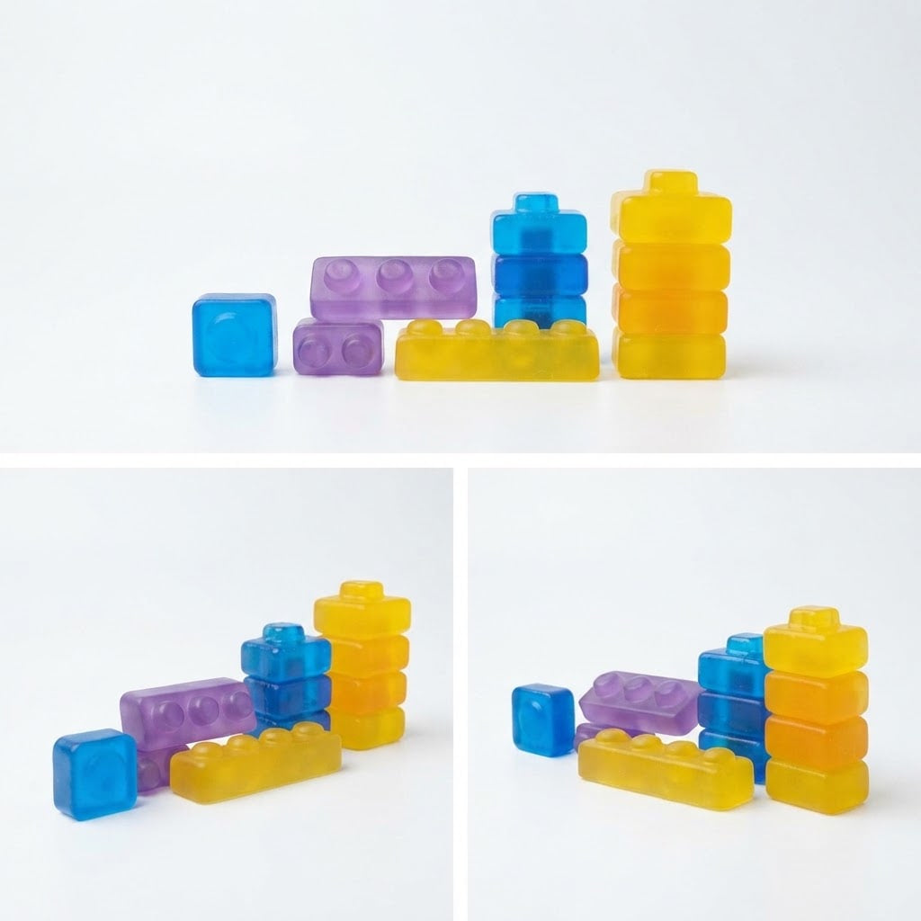 Three views of translucent toy building blocks in blue, purple, and yellow arranged on a white background.